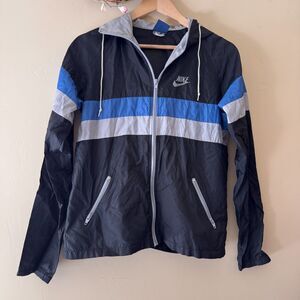 Nike Full Zip Hooded Navy Blue Windbreaker Jacket Color Block Size Medium